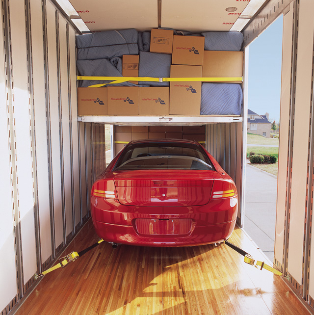 A vehicle which has been loaded in an enclosed trailer